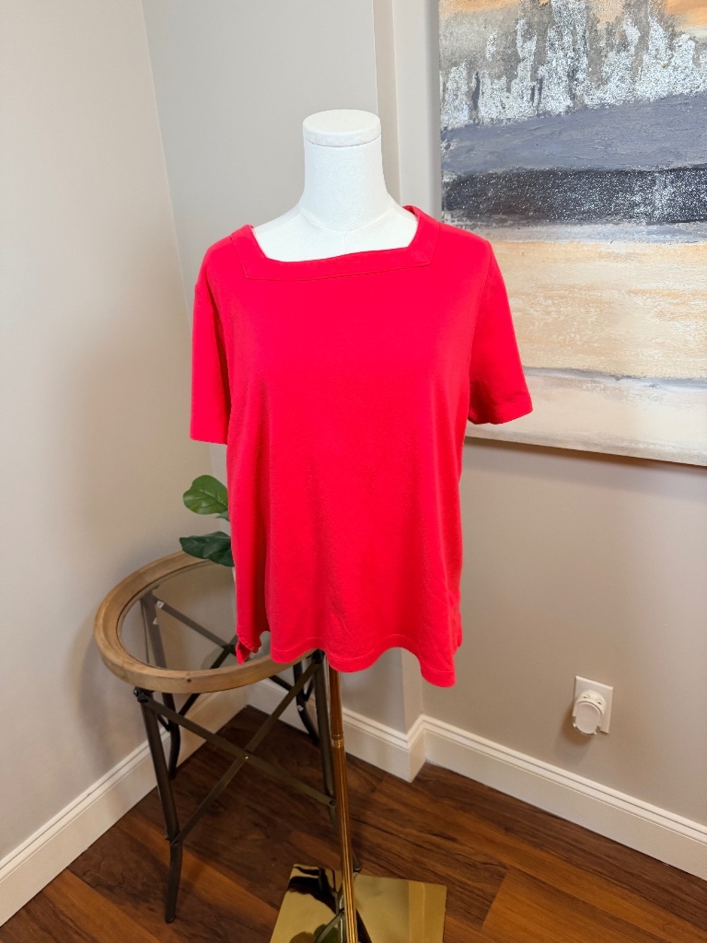Kim Rogers Women’s 1X Bright Red Short Sleeve Top Square Neck Cotton